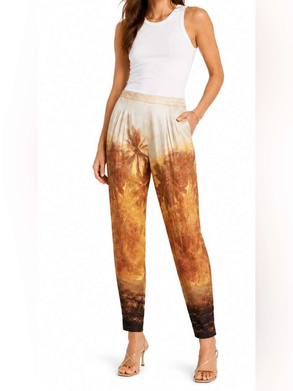 Zara Tropical Palm Print Satin Pull-On Pants Resort Vacation XS